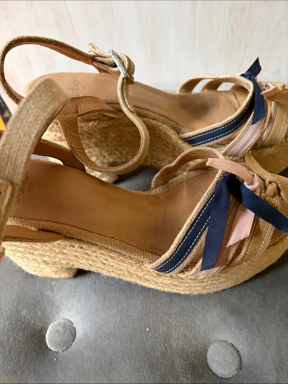 Castaner Women’s Espadrille Wedge Sandals in Natural with Navy & Pink Accents